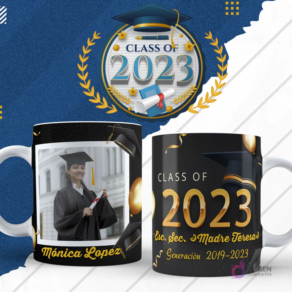 Plantilla para taza de graduación en diseño negro con marco dorado y foto de egresada, lado reverso con Class of 2023 y nombre de escuela.