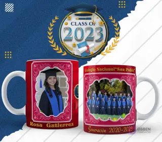 Plantilla para taza de graduación en diseño rojo con marco festoneado y foto de egresada, lado reverso con foto grupal de egresados y 'Generación 2020-2023'.