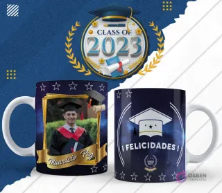 Plantilla para taza de graduación en diseño azul oscuro con estrellas y foto de egresado, lado reverso con birrete y texto '¡Felicitaciones!'.
