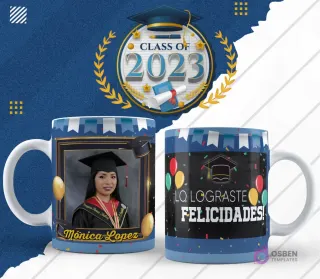 Plantilla para taza de graduación en diseño azul claro con globos y foto de egresada, lado reverso con 'Lo Lograste, Felicidades!'.