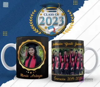 Plantilla para taza de graduación en diseño negro con marco redondo dorado y foto de egresada, lado reverso con foto grupal de egresados y 'Generación 2019-2023'.