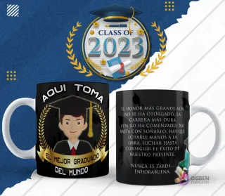 Plantilla para taza de graduación en diseño negro con ilustración chibi de egresado masculino y 'Aquí toma el mejor graduado del mundo', lado reverso con frase motivacional.