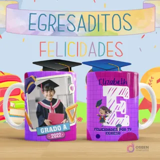 Taza de sublimación para egresaditos, diseño infantil de graduación en tonos violeta con marco para foto de niña, birrete y texto 'Grado A 2022', y reverso con letra E personalizada para Elizabeth, personaje de niña feliz y frase 'Felicidades por tu egreso'.
