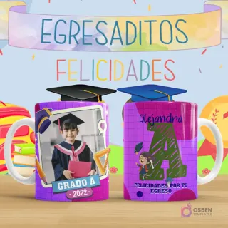 Taza de sublimación para egresaditos, diseño infantil de graduación en tonos violeta con marco para foto de niña, birrete y texto 'Grado A 2022', y reverso con letra A personalizada para Alejandra, personaje de niña feliz y frase 'Felicidades por tu egreso'.