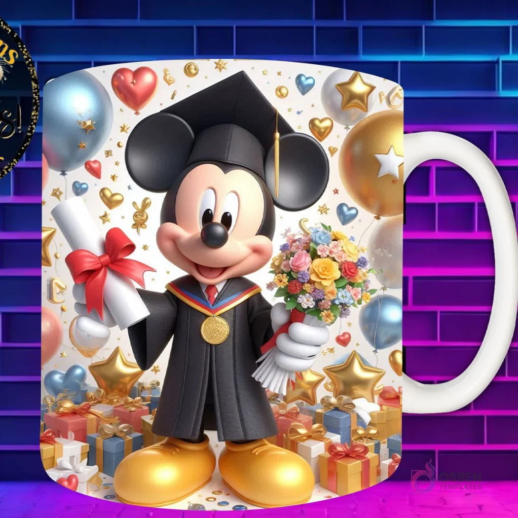 Taza de sublimación con Mickey Mouse graduado 3D animado celebrando la Clase 2024 con globos y regalos