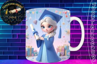 Taza de sublimación con Elsa graduada 3D animada celebrando la Clase 2024 con diploma y regalos