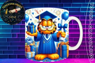 Taza de sublimación con Garfield graduado 3D animado celebrando la Clase 2024 con diploma y regalos
