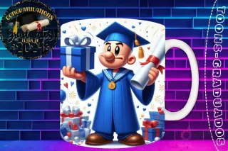 Taza de sublimación con Popeye graduado 3D animado celebrando la Clase 2024 con diploma y regalo