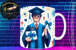 Taza de sublimación con Harry Potter graduado 3D animado celebrando la Clase 2024 con diploma y regalo