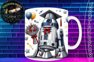 Taza de sublimación con R2-D2 graduado 3D animado celebrando la Clase 2024 con flores y fuegos artificiales