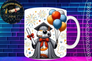 Taza de sublimación con BB-8 graduado 3D animado celebrando la Clase 2024 con diploma y globos