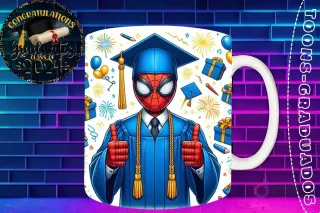 Taza de sublimación con Spider-Man graduado 3D animado celebrando la Clase 2024 con pulgares arriba