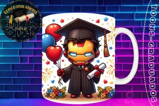 Taza de sublimación con Iron Man chibi graduado 3D animado celebrando la Clase 2024 con globos