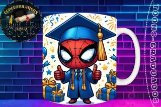 Taza de sublimación con Spider-Man chibi graduado 3D animado celebrando la Clase 2024 con pulgares arriba