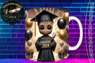 Taza de sublimación con Baby Groot chibi graduado 3D animado celebrando la Clase 2024 con globos