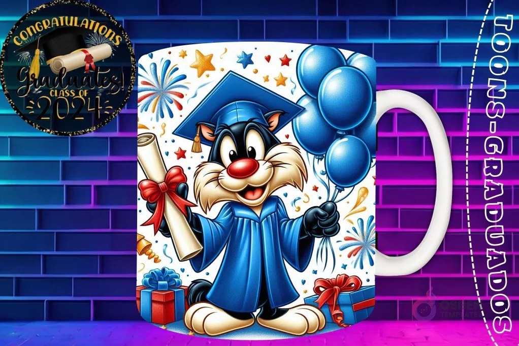 Taza de sublimación con Silvestre graduado 3D animado celebrando la Clase 2024 con diploma y globos