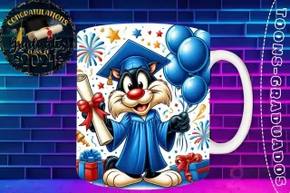 Taza de sublimación con Silvestre graduado 3D animado celebrando la Clase 2024 con diploma y globos