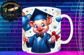 Taza de sublimación con Porky Pig graduado 3D animado celebrando la Clase 2024 con diploma y globos