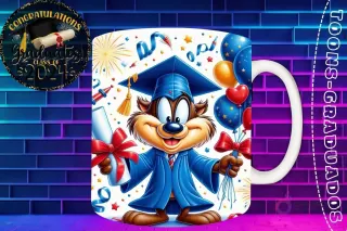 Taza de sublimación con Demonio de Tasmania graduado 3D animado celebrando la Clase 2024 con diploma y globos