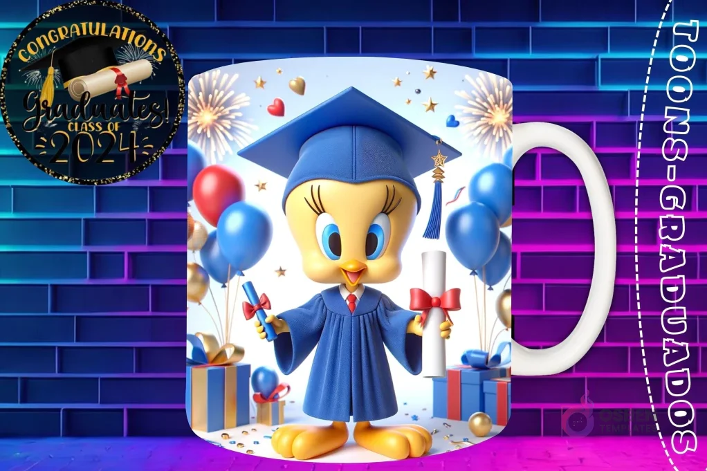 Taza de sublimación con Piolín graduado 3D animado celebrando la Clase 2024 con diploma y globos