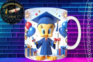 Taza de sublimación con Piolín graduado 3D animado celebrando la Clase 2024 con diploma y globos