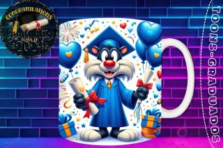 Taza de sublimación con Silvestre graduado 3D animado celebrando la Clase 2024 con dos diplomas y globos