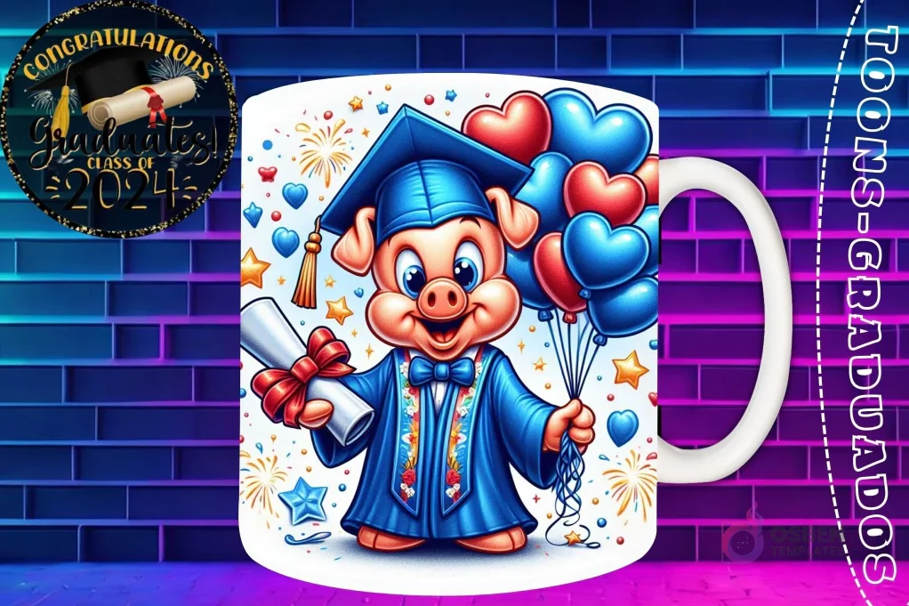 Taza de sublimación con Porky Pig graduado 3D animado celebrando la Clase 2024 con diploma y globos de corazón