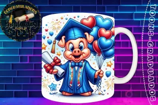 Taza de sublimación con Porky Pig graduado 3D animado celebrando la Clase 2024 con diploma y globos de corazón