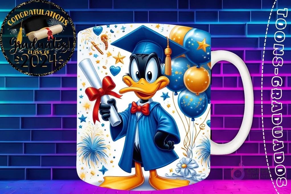 Taza de sublimación con Pato Lucas graduado 3D animado celebrando la Clase 2024 con diploma y globos dorados