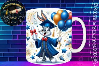 Taza de sublimación con Bugs Bunny graduado 3D animado celebrando la Clase 2024 con diploma y globos