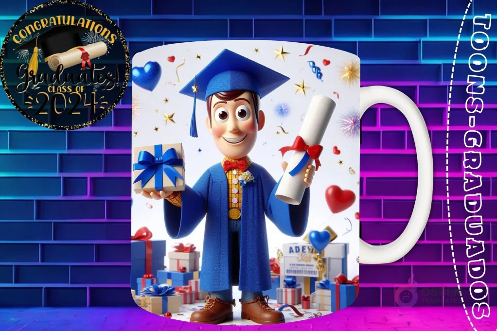 Taza de sublimación con Woody graduado 3D animado de Toy Story celebrando la Clase 2024 con diploma y regalo