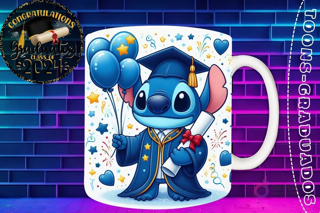 Taza de sublimación con Stitch graduado 3D animado celebrando la Clase 2024 con diploma y globos