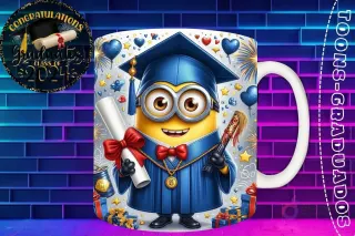Taza de sublimación con Minion graduado 3D animado celebrando la Clase 2024 con diploma y birrete