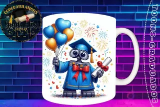 Taza de sublimación con Wall-E graduado 3D animado celebrando la Clase 2024 con diploma y globos