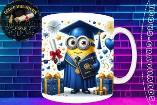 Taza de sublimación con Minion graduado 3D animado celebrando la Clase 2024 con diploma y libro