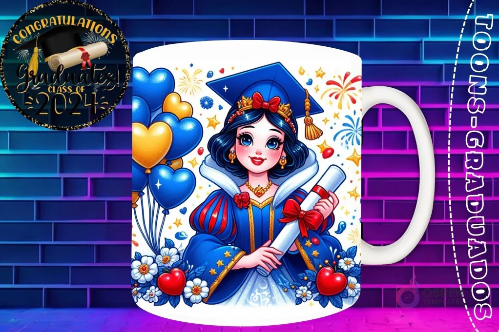 Taza de sublimación con Blancanieves graduada 3D animada celebrando la Clase 2024 con diploma y globos