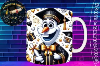 Taza de sublimación con Olaf graduado 3D animado celebrando la Clase 2024 con diploma y birrete