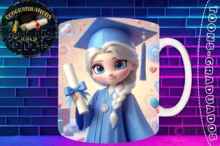 Taza de sublimación con Elsa graduada 3D animada celebrando la Clase 2024 con diploma y regalos en tono pastel