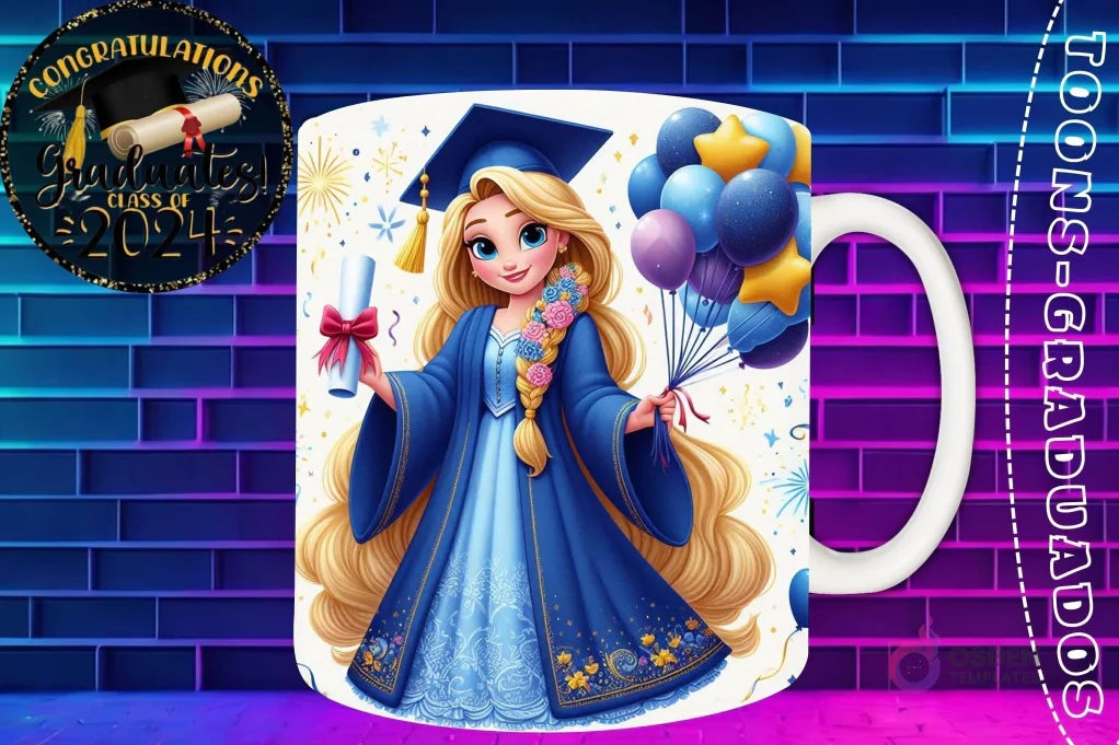 Taza de sublimación con Princesa Rapunzel graduada 3D animada celebrando la Clase 2024 con diploma y globos