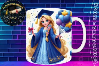 Taza de sublimación con Princesa Rapunzel graduada 3D animada celebrando la Clase 2024 con diploma y globos