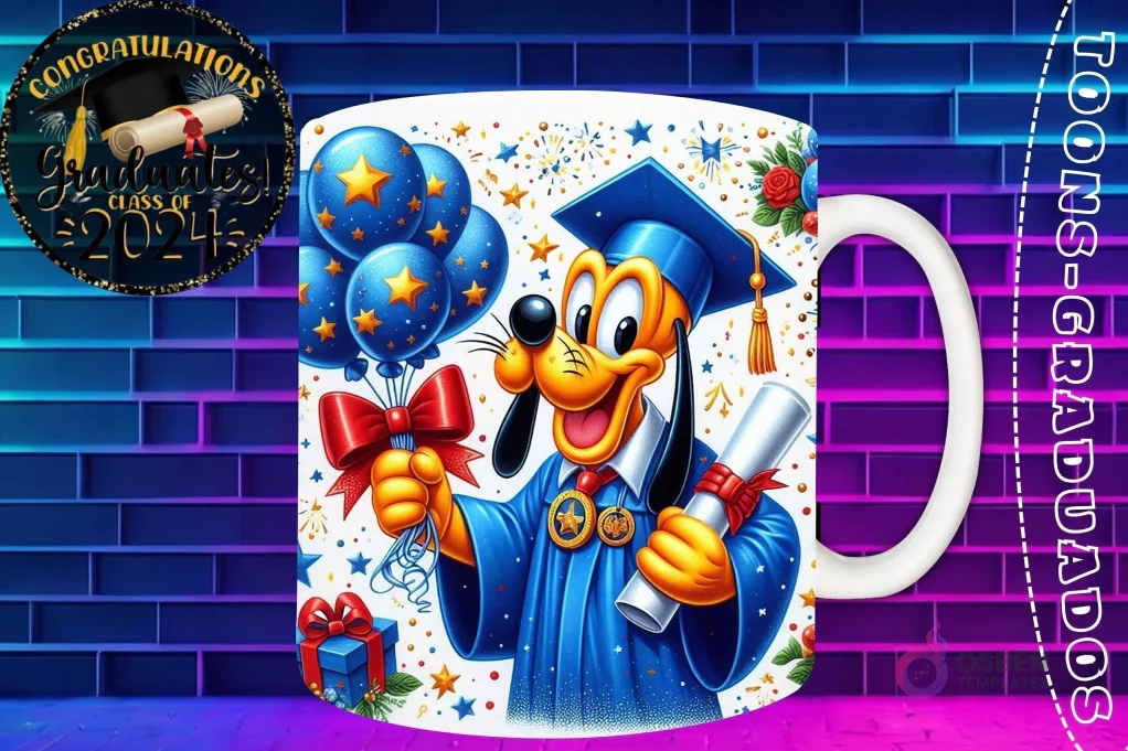 Taza de sublimación con Pluto graduado 3D animado celebrando la Clase 2024 con diploma y globos