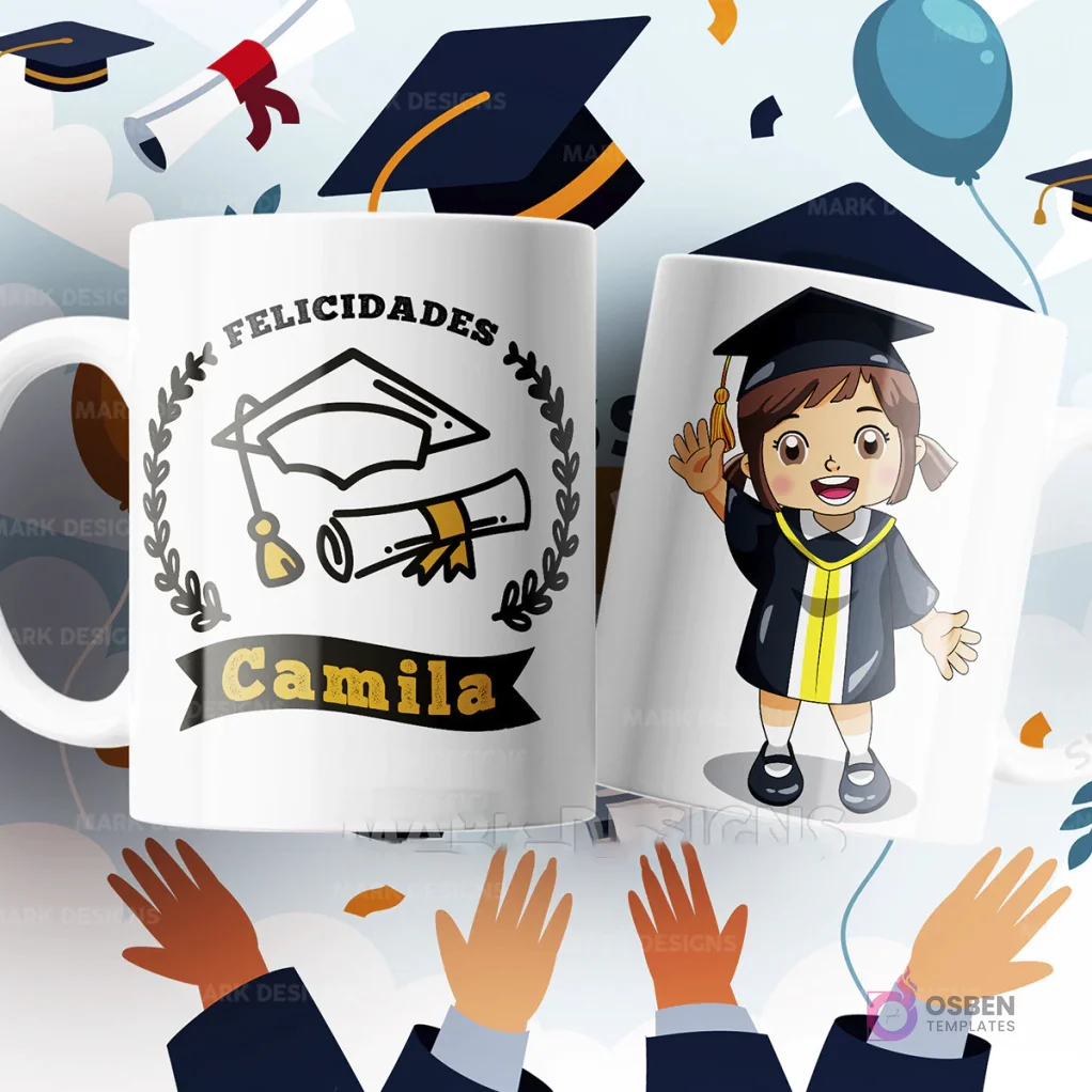 Dos tazas de sublimación blancas con diseños de graduación: una con birrete, diploma, y la frase 'Felicidades Camila', y la otra con una niña graduada de caricatura saludando, sobre un fondo festivo con birretes y globos.
