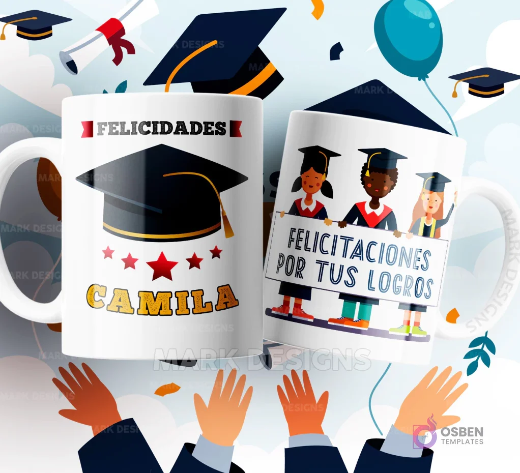Dos tazas de sublimación blancas con diseños de graduación: una con un birrete y 'Felicidades Camila', y la otra con tres estudiantes graduadas de caricatura sosteniendo un cartel con 'Felicitaciones por tus logros', sobre un fondo festivo.