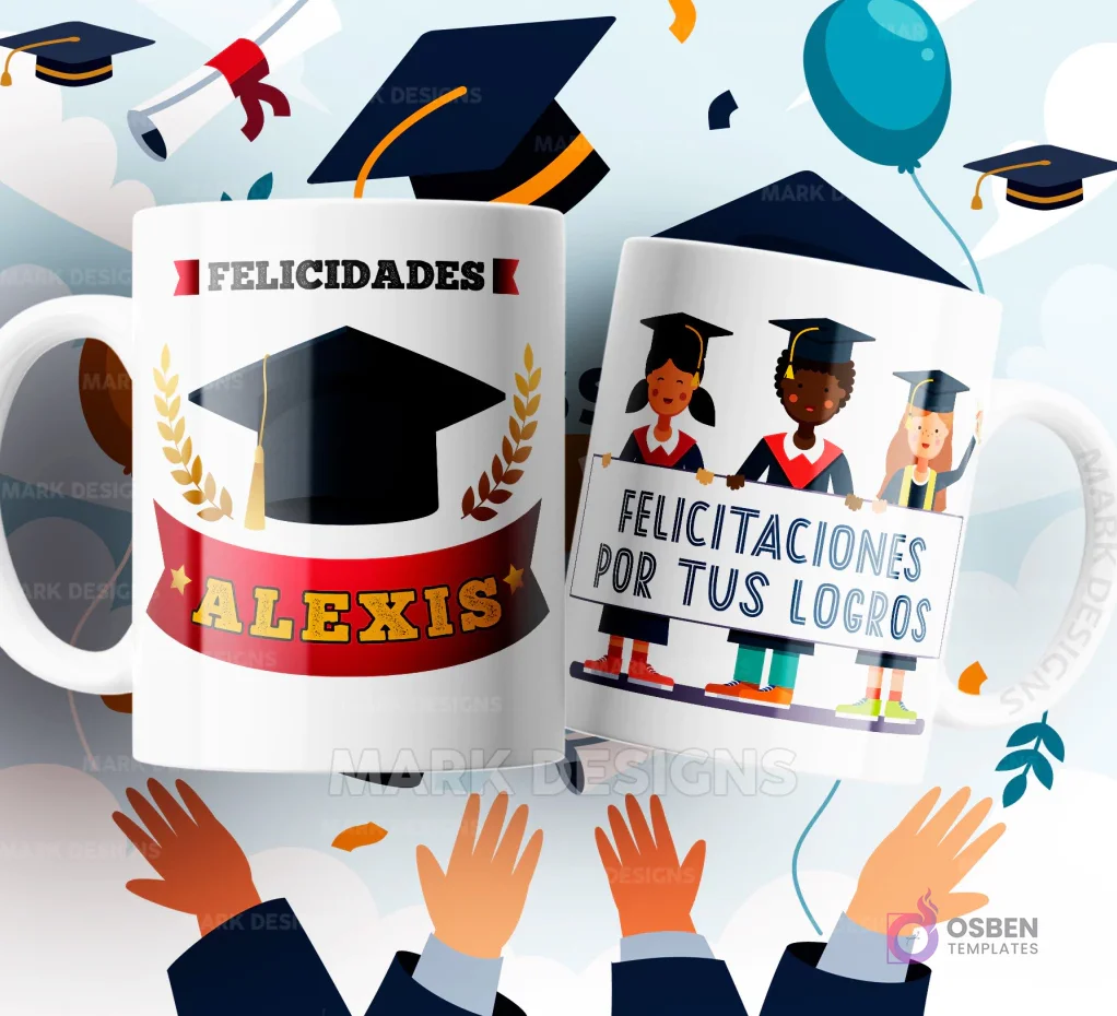 Dos tazas de sublimación blancas con diseños de graduación: una con un birrete y 'Felicidades Alexis', y la otra con tres estudiantes graduadas de caricatura sosteniendo un cartel con 'Felicitaciones por tus logros', sobre un fondo festivo.