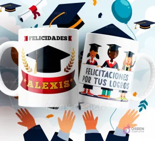 Dos tazas de sublimación blancas con diseños de graduación: una con un birrete y 'Felicidades Alexis', y la otra con tres estudiantes graduadas de caricatura sosteniendo un cartel con 'Felicitaciones por tus logros', sobre un fondo festivo.