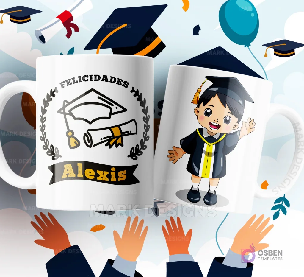 Dos tazas de sublimación blancas con diseños de graduación: una con birrete, diploma, y la frase 'Felicidades Alexis', y la otra con un niño graduado de caricatura saludando, sobre un fondo festivo.