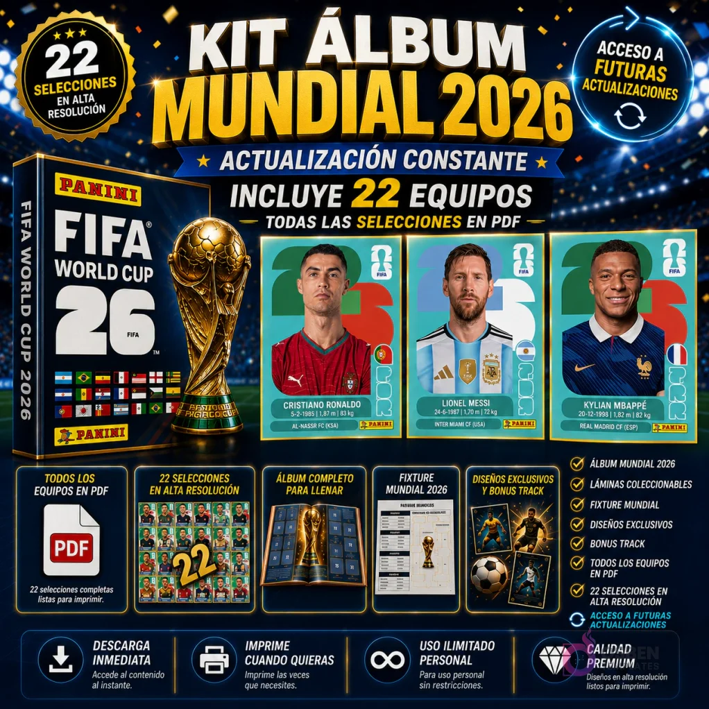 Kit Imprimible Álbum Mundial 2026 digital con el trofeo de la Copa Mundial, láminas de Messi, Ronaldo, Mbappé, y logos de FIFA World Cup 26, destacando 22 selecciones en alta resolución y acceso a futuras actualizaciones.