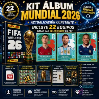 Kit Imprimible Álbum Mundial 2026 digital con el trofeo de la Copa Mundial, láminas de Messi, Ronaldo, Mbappé, y logos de FIFA World Cup 26, destacando 22 selecciones en alta resolución y acceso a futuras actualizaciones.