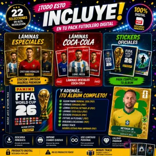 Contenido detallado del Kit Imprimible Álbum Mundial 2026, mostrando láminas especiales, láminas Coca-Cola, stickers oficiales, lámina de Neymar Jr., y destacando que es 100% digital, descarga inmediata y álbum completo en PDF.