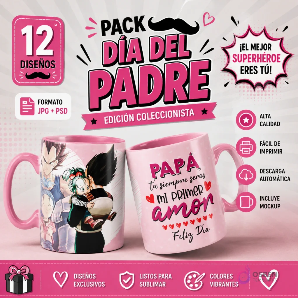 Banner promocional Pack Plantillas Tazas Día del Padre Vol.18 con 12 diseños JPG PSD, mockups y tazas de sublimación de Dragon Ball y frase 'Papá mi primer amor'.